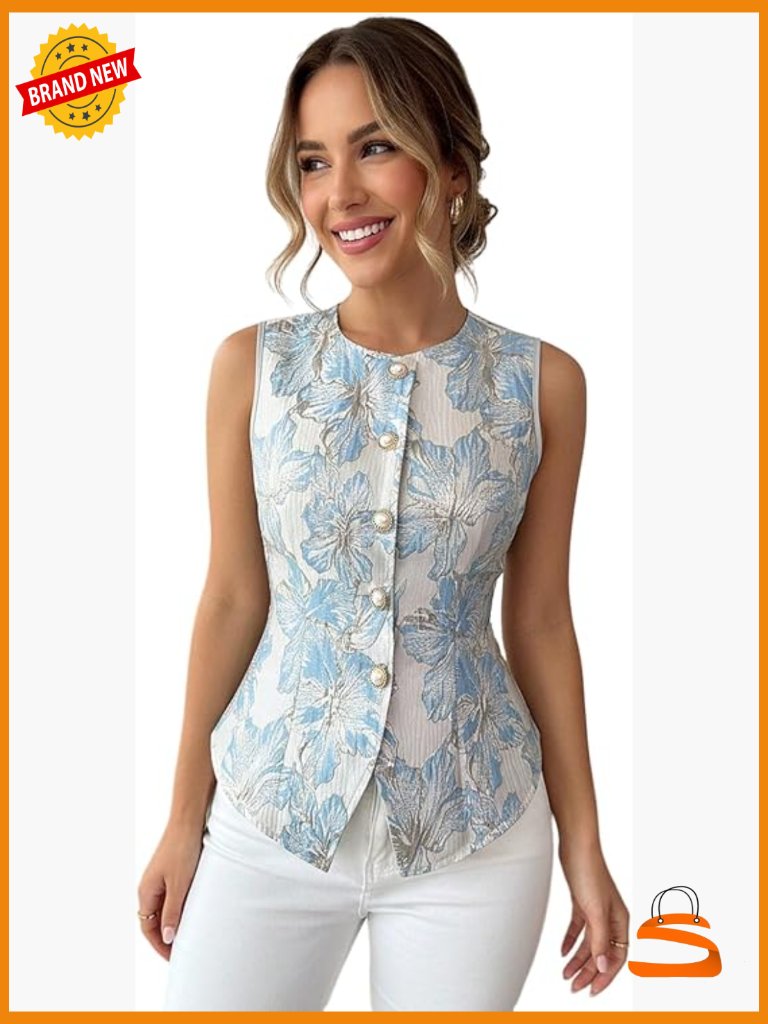 Vintage Floral Button Up Vest Tie Back Sleeveless Summer Top